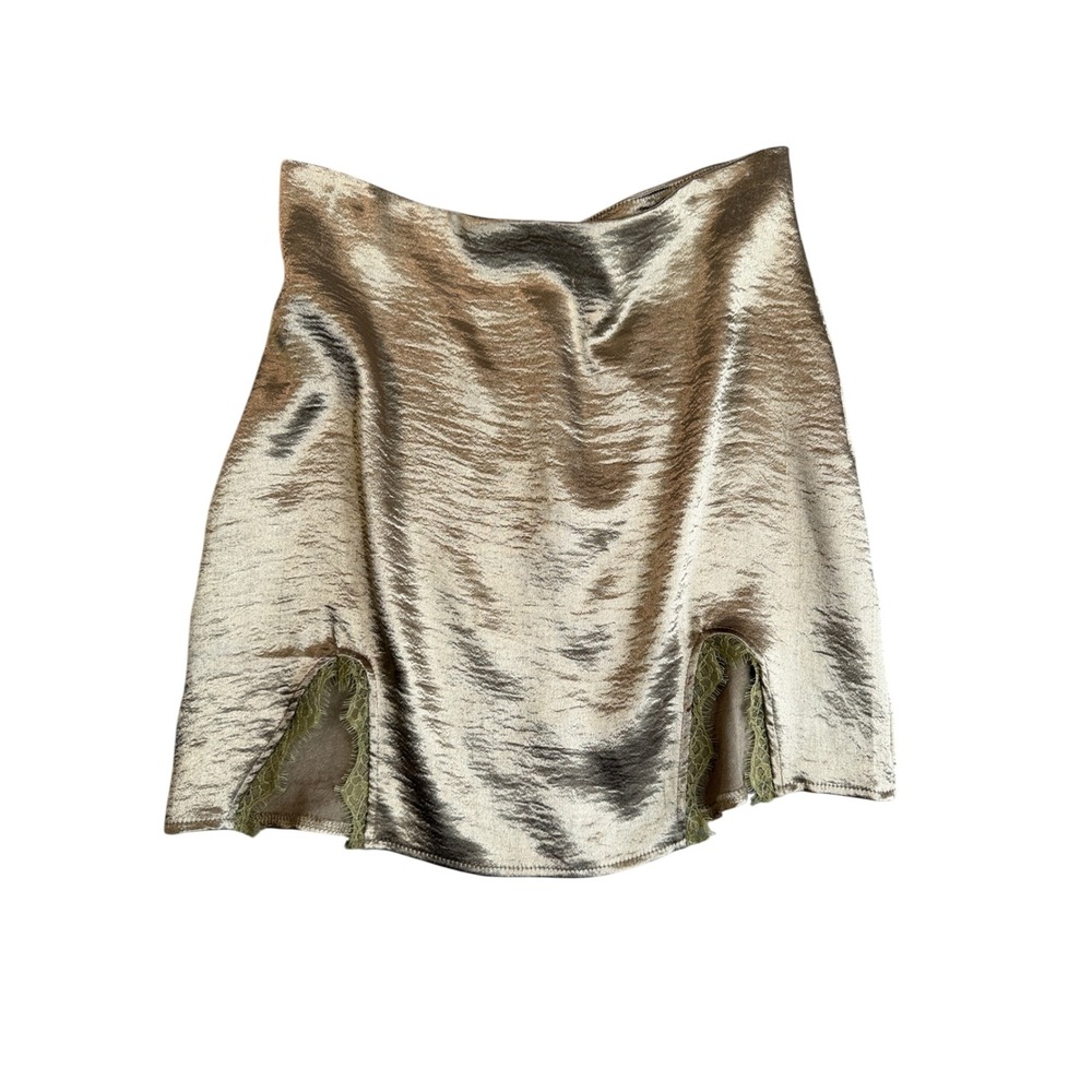 Y2K Fairy Grunge Lace Trim Satin Mini Skirt L Gold Metallic Indie Sleaze Party